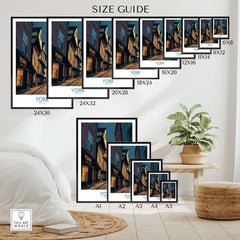 York England Historic Street at Dusk Poster - Evening Cityscape Decor size guide for display options.