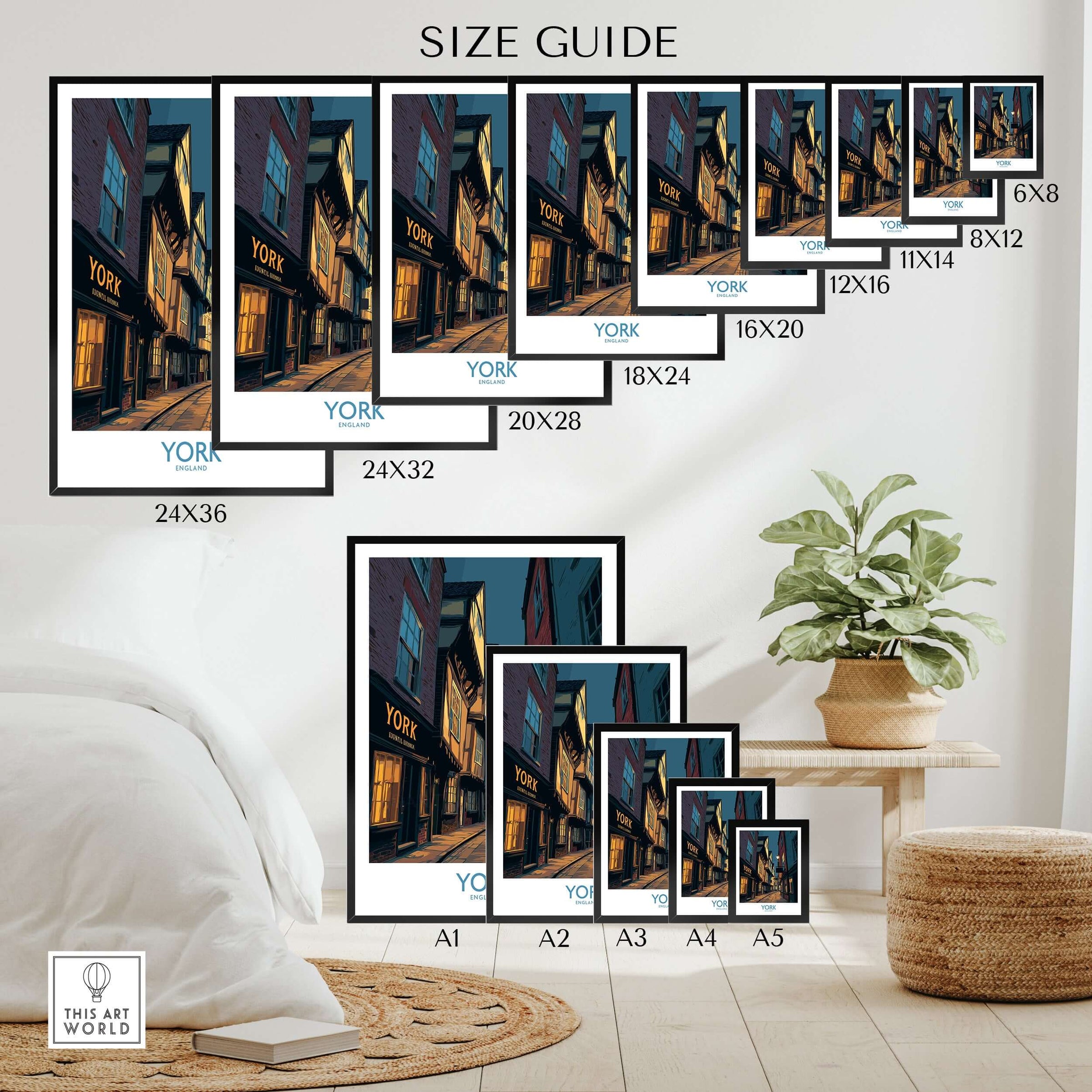 York England Historic Street at Dusk Poster - Evening Cityscape Decor size guide for display options.