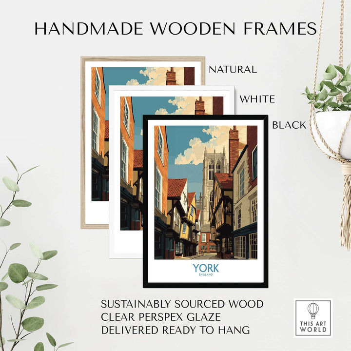 Handmade wooden frames in natural, white, and black for York England wall art, sustainably sourced and ready to hang.