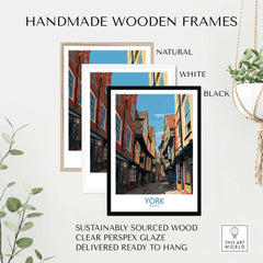 York England Medieval Alley Poster - UK Travel Destination Decor in handmade wooden frames.