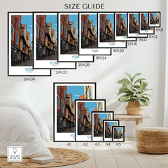 York England Medieval Alley Poster - UK Travel Destination Decor size guide with various frame dimensions and home setting.