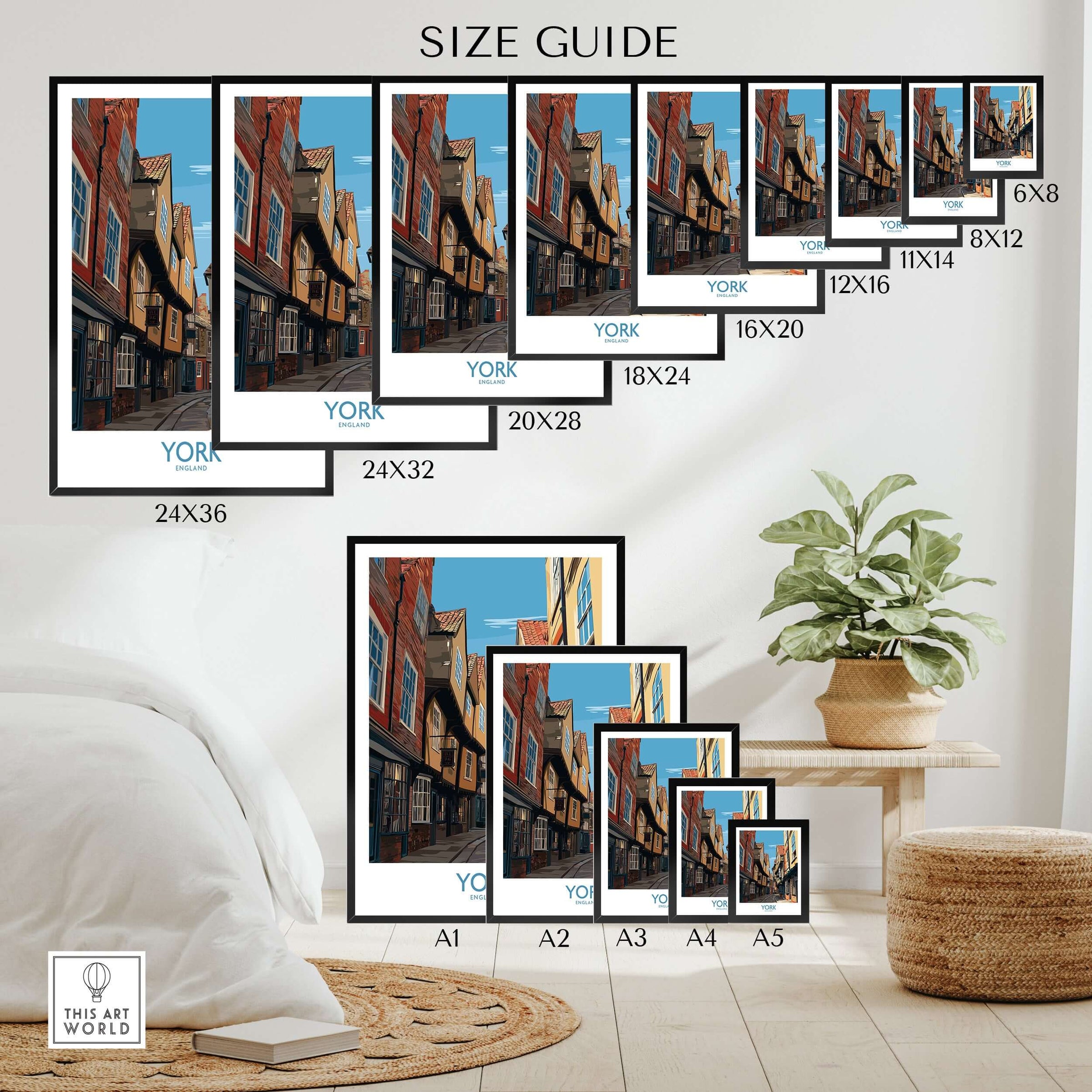 York England Medieval Alley Poster - UK Travel Destination Decor size guide with various frame dimensions and home setting.