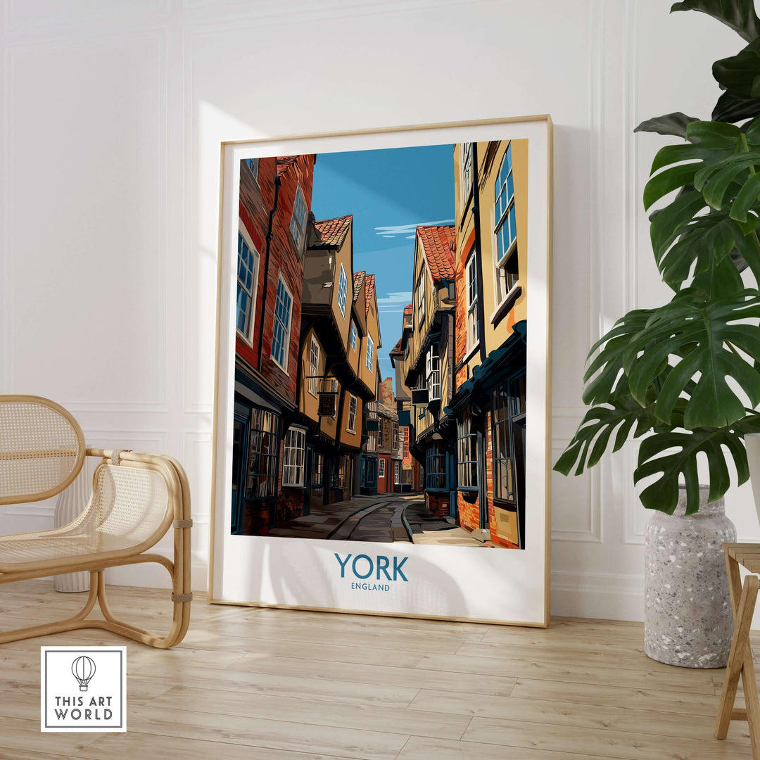 York England Medieval Alley poster showcasing a historic narrow alleyway, ideal for travel decor.