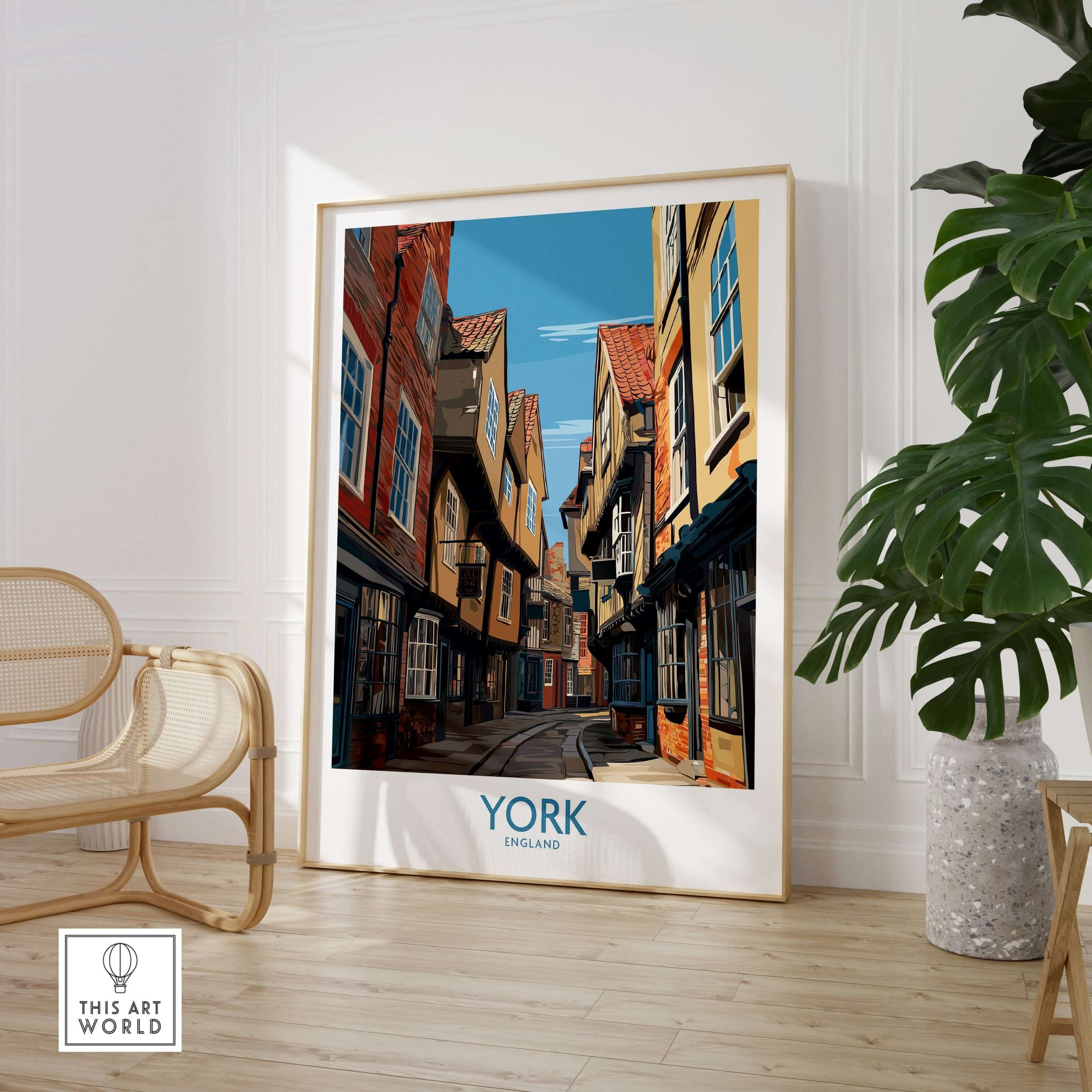 York England Medieval Alley Poster - UK Travel Destination Decor displayed in a modern living room with plants and seating.