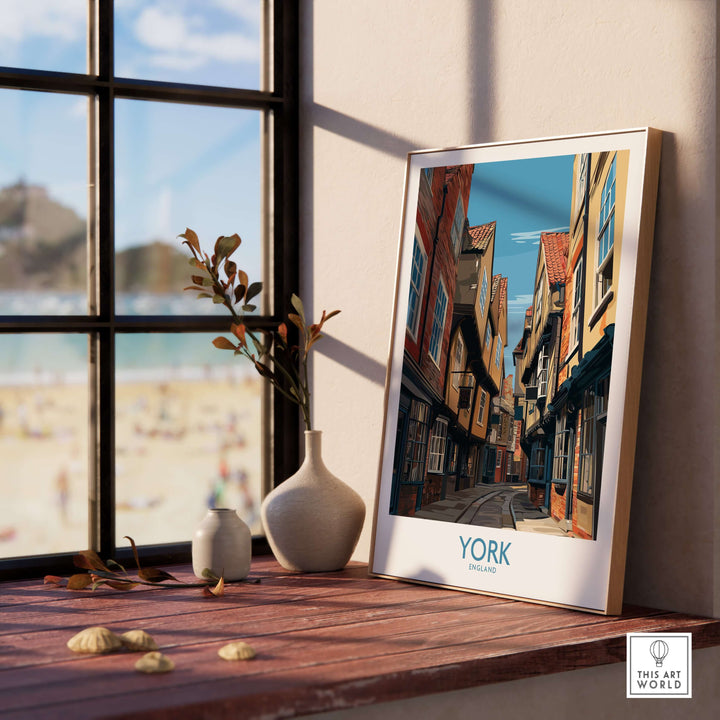 York England Medieval Alley Poster displayed on a wooden table, showcasing a historic UK travel destination.