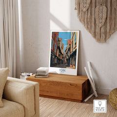 York England Medieval Alley Poster - UK Travel Destination Decor displayed in a cozy living room setting.