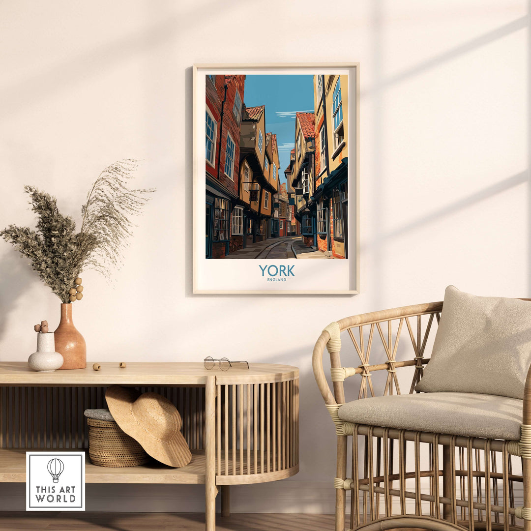 York England Medieval Alley Poster showcasing historic architecture in a stylish home setting.