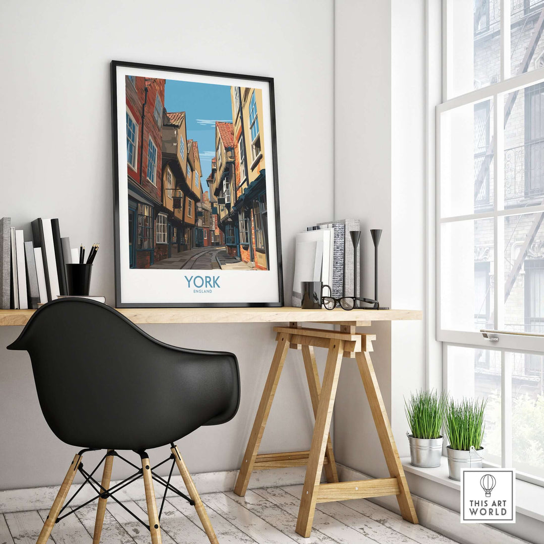 York England medieval alley poster displayed in a modern workspace with books and greenery.
