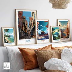 York England Medieval Alley Poster - UK Travel Destination Decor displayed among various travel art prints on a stylish wall.