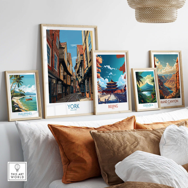 York England Medieval Alley poster among framed travel art, enhancing decor with historic charm.