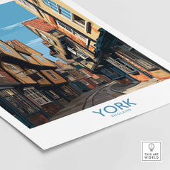York England Medieval Alley Poster - UK Travel Destination Decor showcasing a historic narrow alleyway in York.