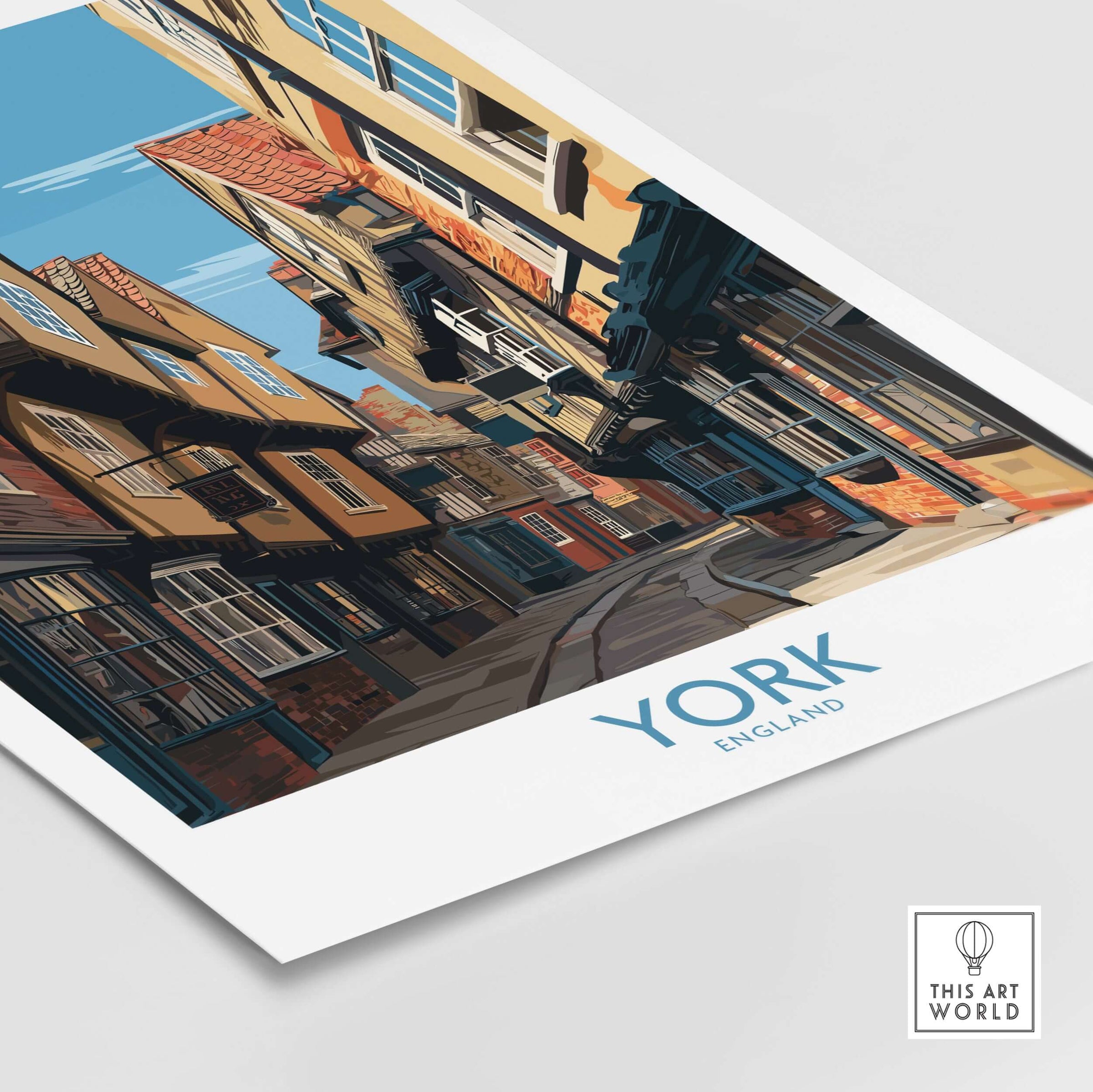 York England Medieval Alley Poster - UK Travel Destination Decor showcasing a historic narrow alleyway in York.