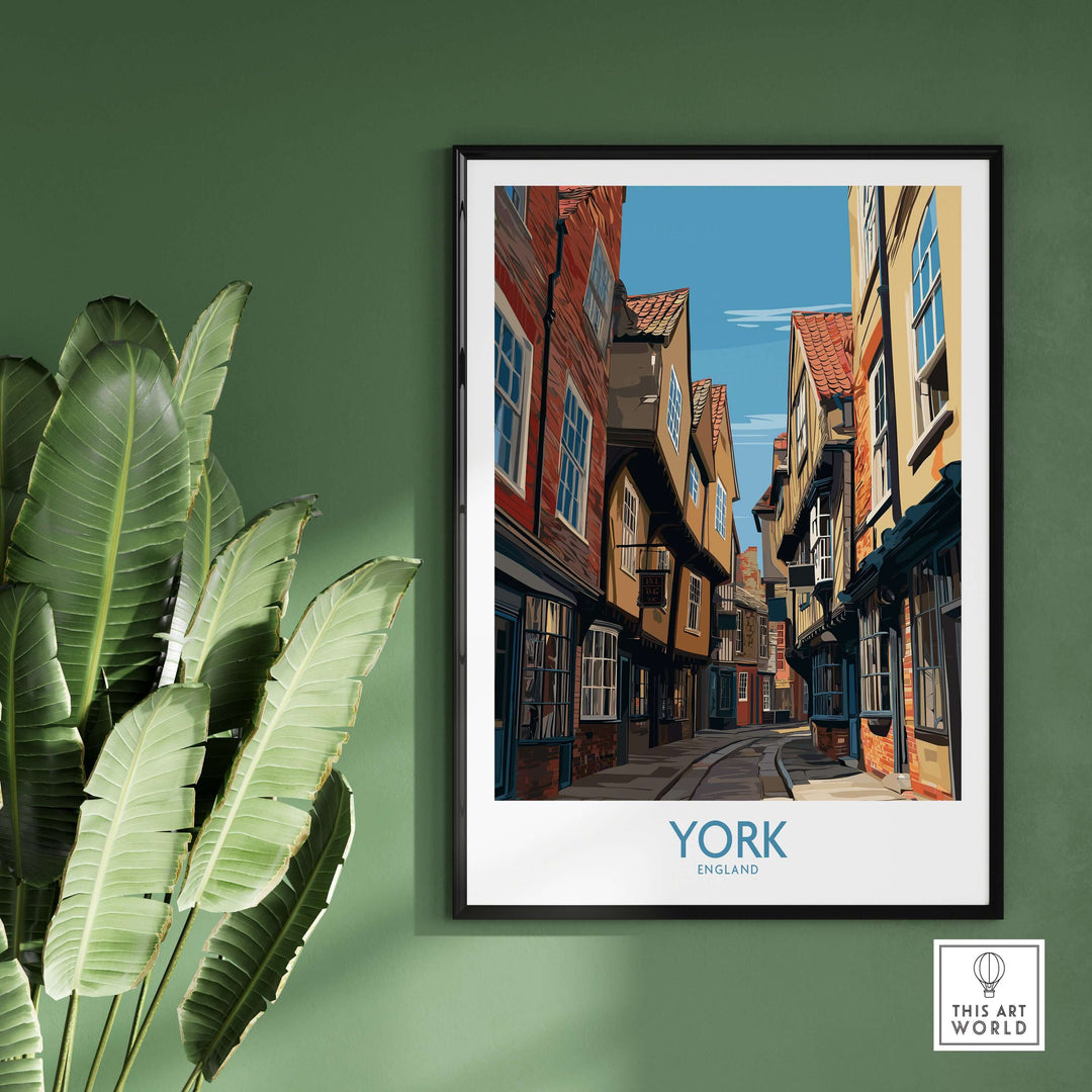 York England Medieval Alley poster showcasing a narrow historical street in vibrant colors, perfect for travel decor.