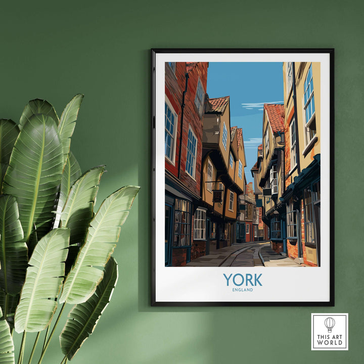 York England Medieval Alley poster showcasing a narrow historical street in vibrant colors, perfect for travel decor.