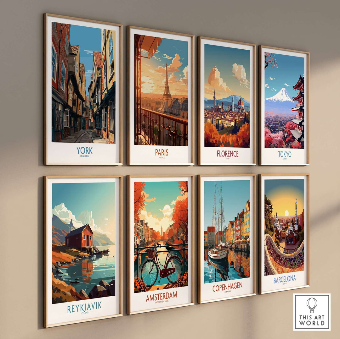 Collection of travel posters featuring York, Paris, Florence, Tokyo, Reykjavik, Amsterdam, Copenhagen, and Barcelona.
