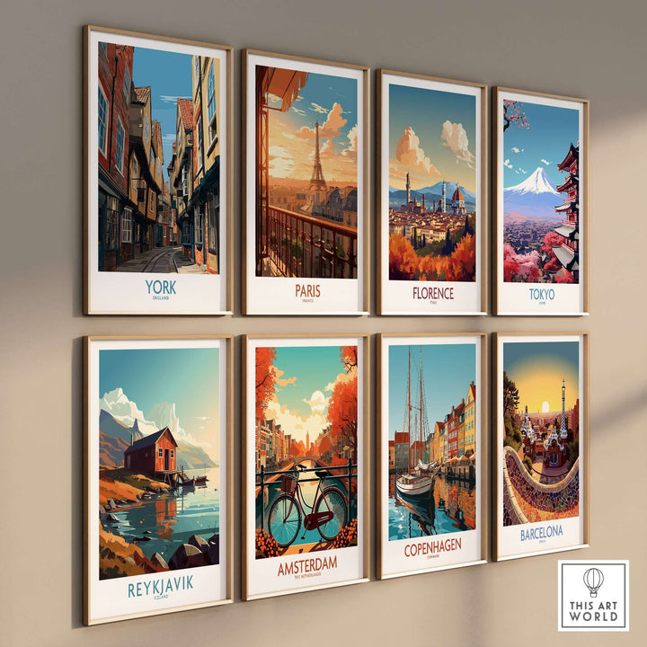 Collection of travel posters featuring York, Paris, Florence, Tokyo, Reykjavik, Amsterdam, Copenhagen, and Barcelona.