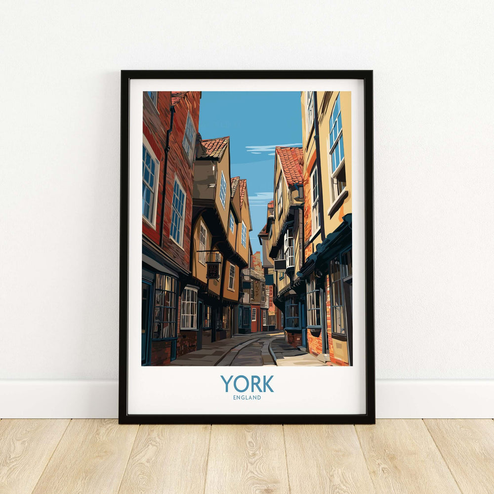 York England medieval alley poster showcasing a historic narrow street, perfect UK travel decor.