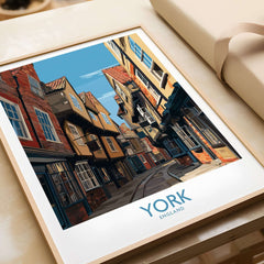 York England Medieval Alley Poster - UK Travel Destination Decor showcasing a historic narrow alley in York.