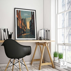 York England Medieval Street Sunset Print - Historic Cityscape Poster displayed in a modern interior setting.