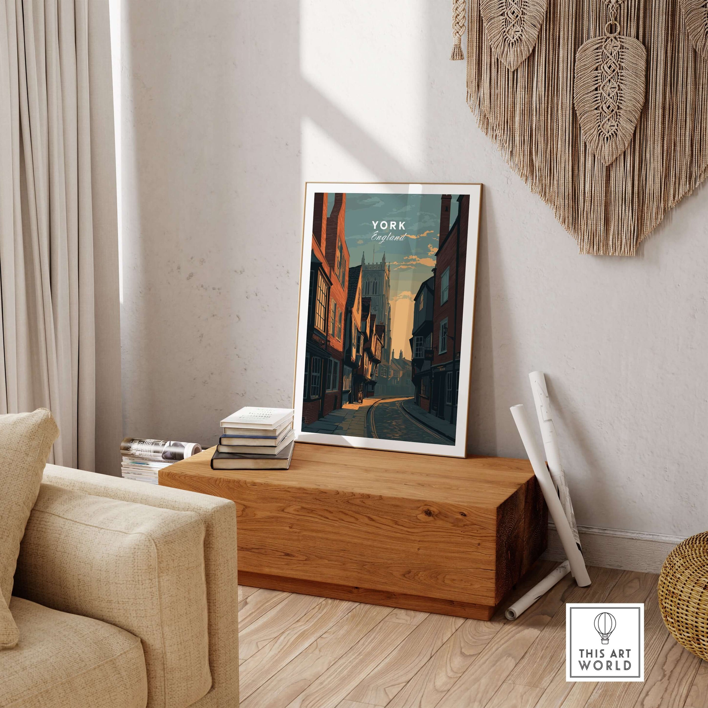 York England Medieval Street Sunset Print - Historic Cityscape Poster displayed in a cozy room setting.