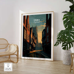 York England Medieval Street Sunset Print - Historic Cityscape Poster in a stylish living room setting.