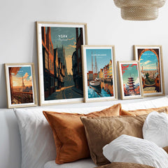 York England Medieval Street Sunset Print - Historic Cityscape Poster displayed in a stylish living room setting.