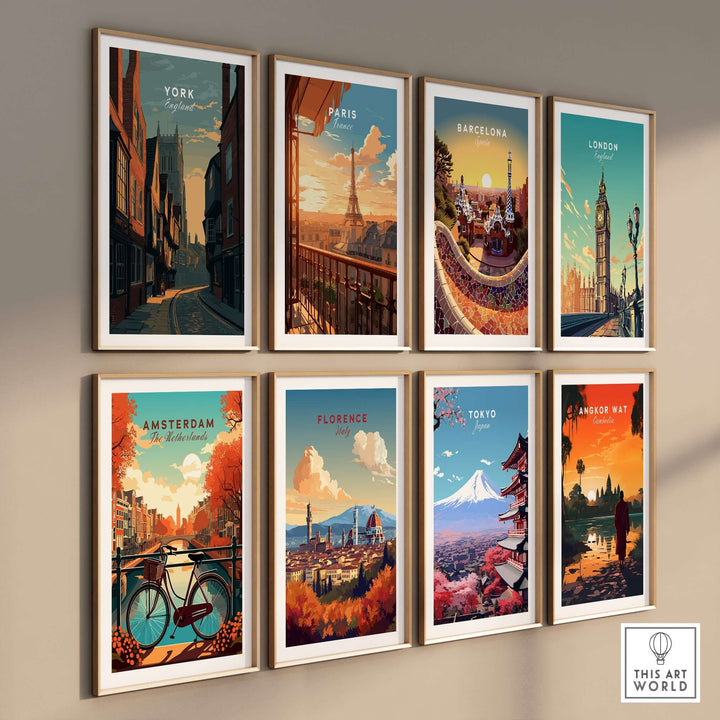 Gallery of vintage cityscape posters including York, Paris, Barcelona, London, Amsterdam, Florence, Tokyo, and Angkor Wat.