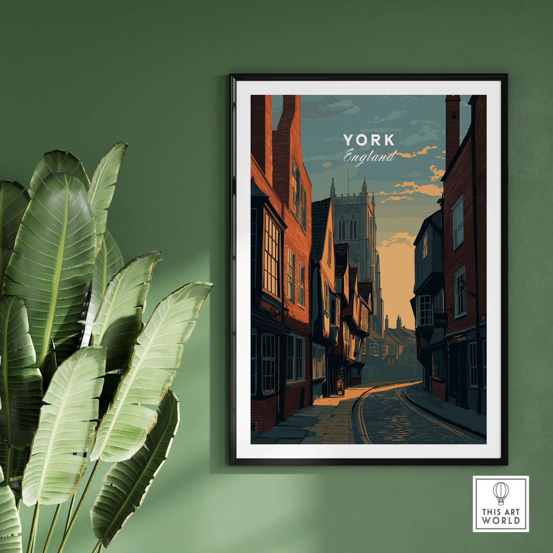 York England medieval street sunset print showcasing historic architecture and a serene cityscape.