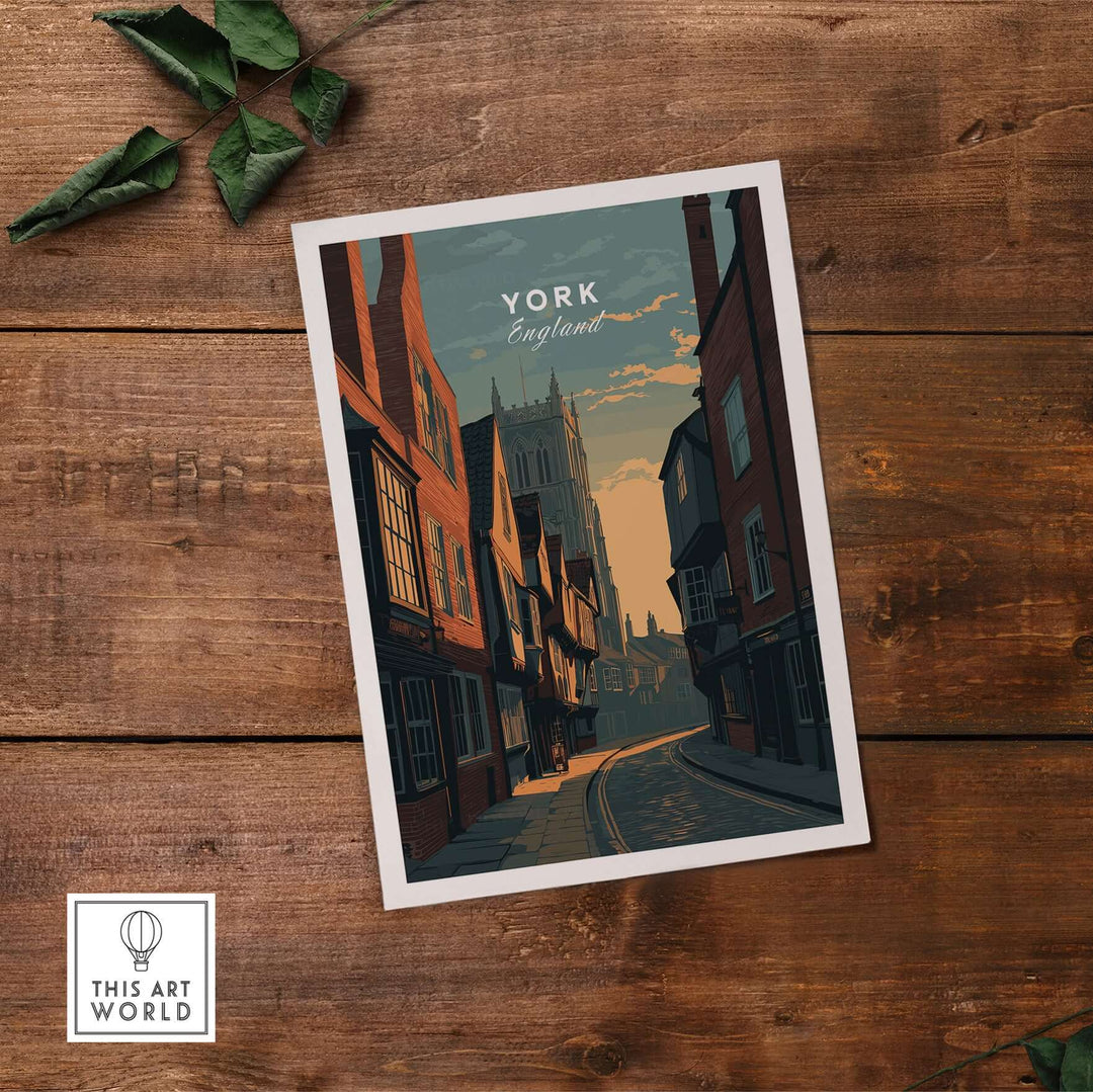 York England medieval street sunset print, showcasing historic cityscape and warm golden hues.