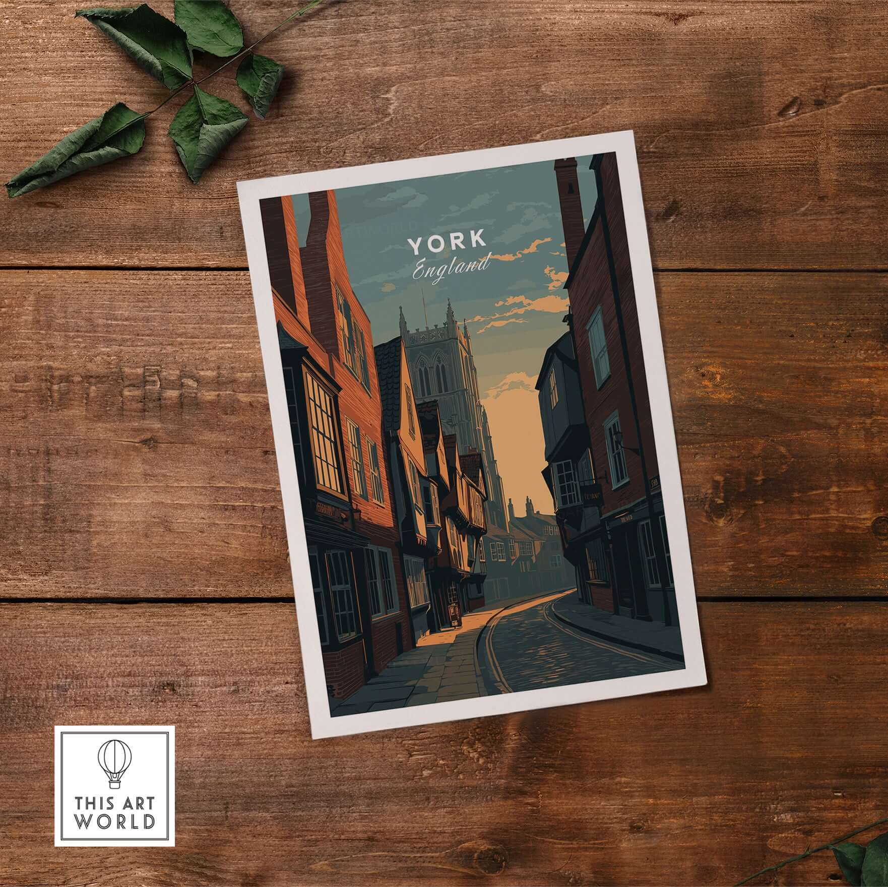York England Medieval Street Sunset Print - Historic Cityscape Poster mounted on wooden surface with lush greenery.