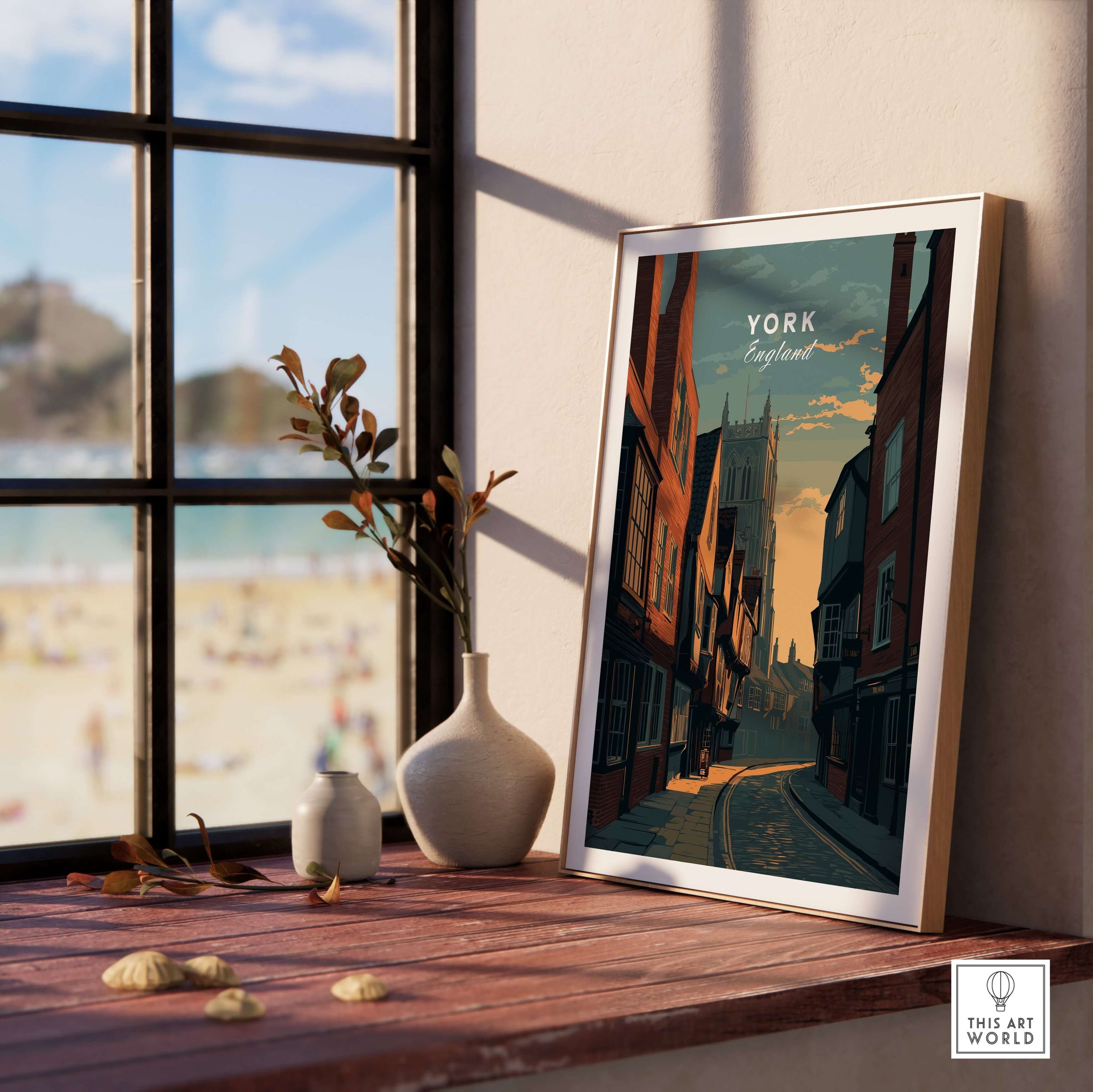 York England Medieval Street Sunset Print - Historic Cityscape Poster displayed on a wooden table by a sunny window.