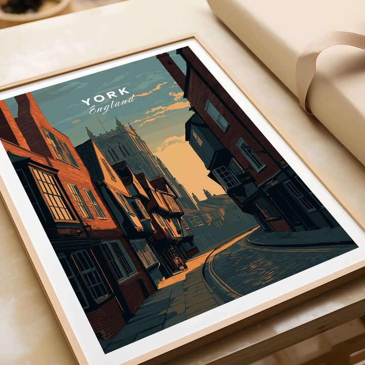 York England medieval street sunset print showcasing historic cityscape in warm golden light.