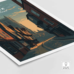 York England Medieval Street Sunset Print - Historic Cityscape Poster showcasing a serene cityscape with warm golden light.