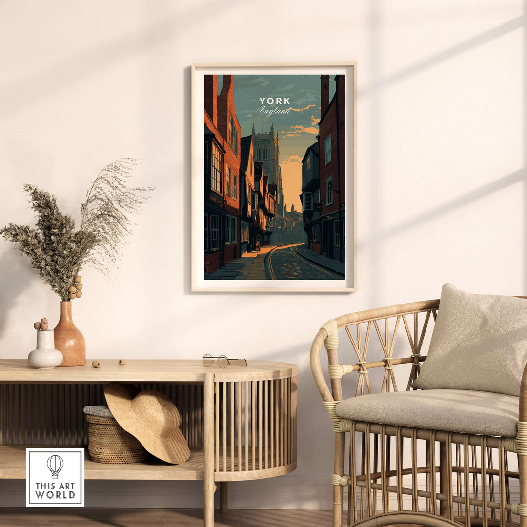 York medieval street sunset print showcasing historic cityscape in warm tones, perfect for home decor.