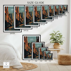 York England Medieval Street Sunset Print - Historic Cityscape Poster size guide with various frame sizes displayed.