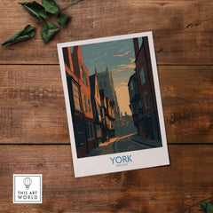 York England Minster Lane Wall Art - Classic English Architecture Decor on a rustic wooden background.