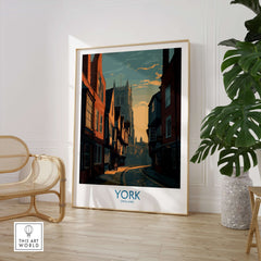 York England Minster Lane Wall Art - Classic English Architecture Decor displayed in a modern living room.