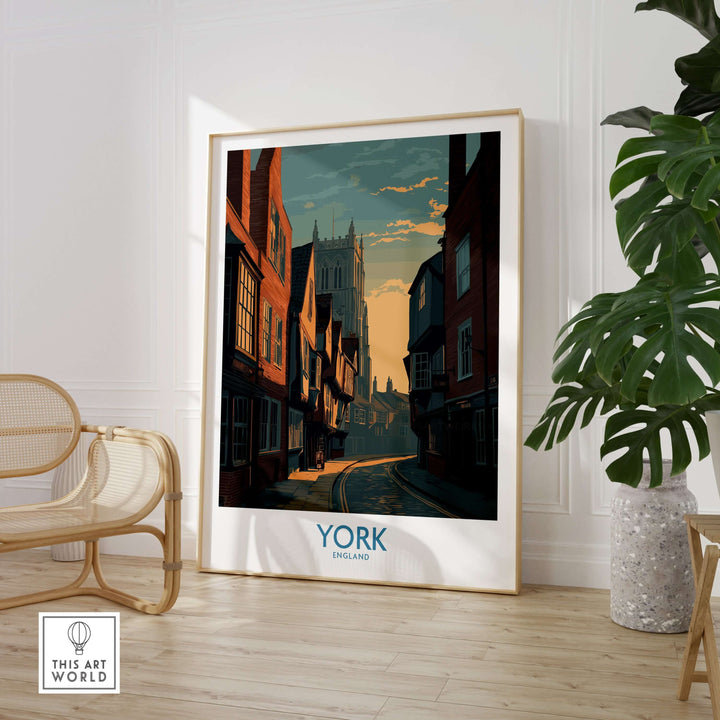 York Minster Lane wall art showcasing classic English architecture in a stylish interior setting.