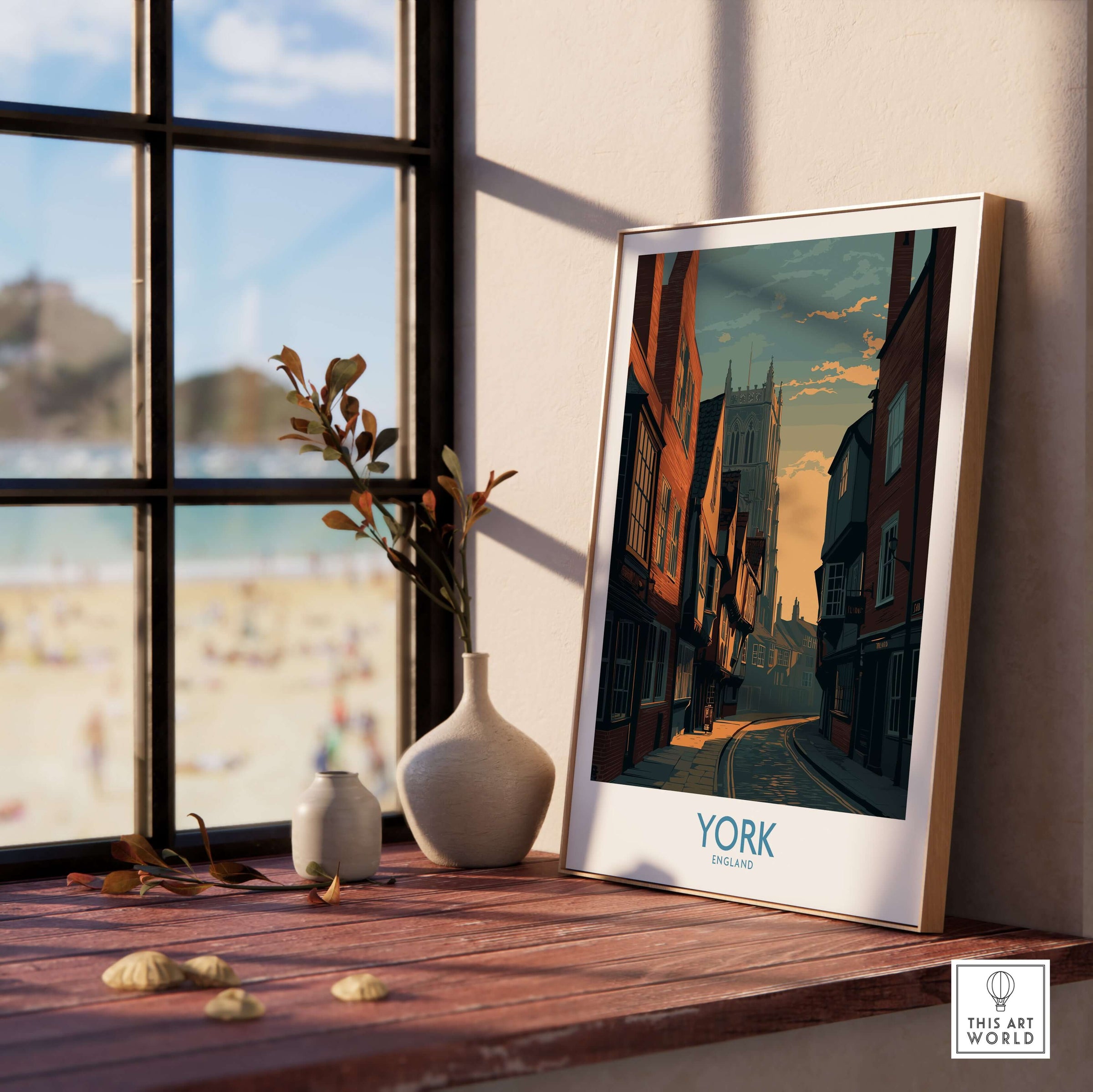 York England Minster Lane Wall Art - Classic English Architecture Decor displayed in a stylish interior setting.