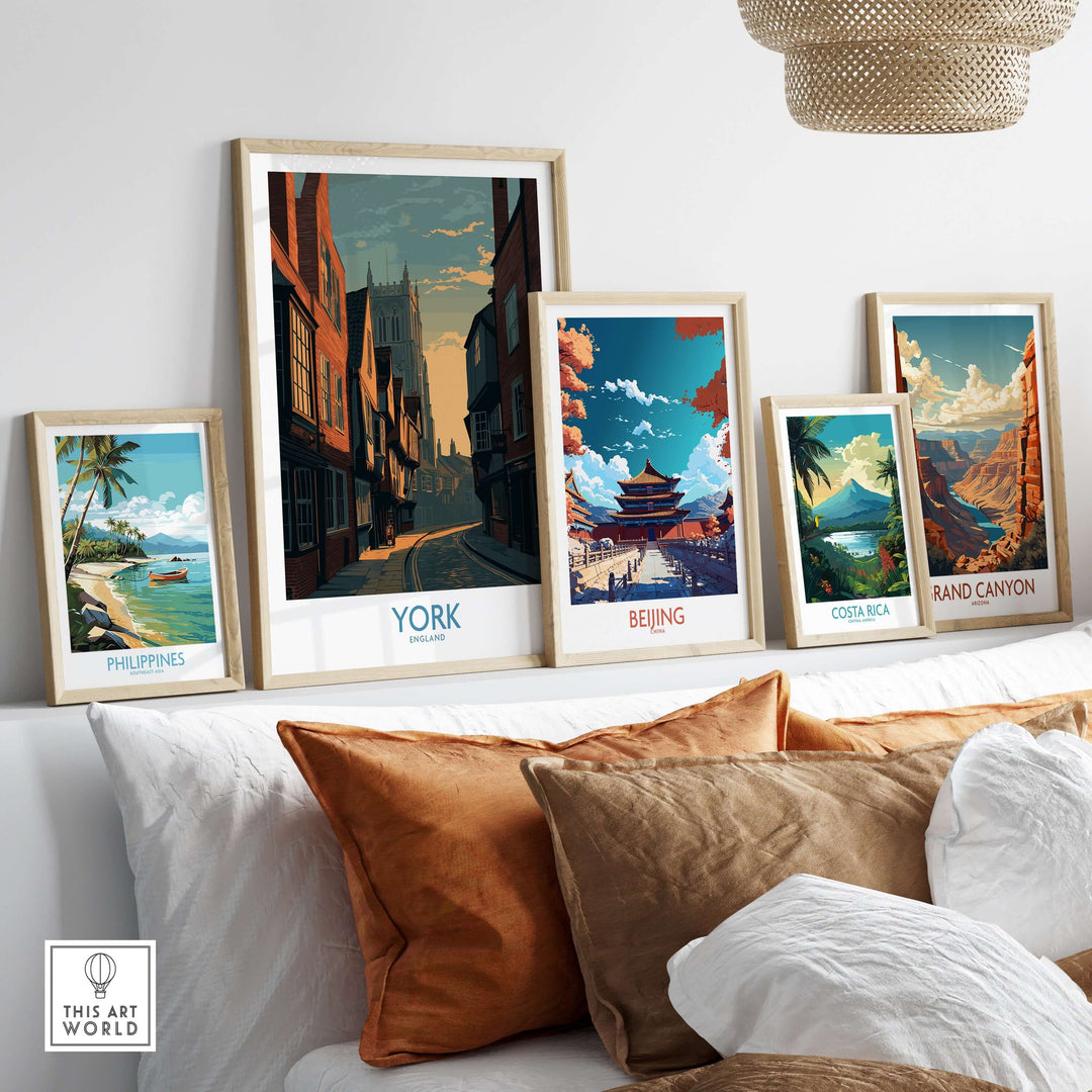 Gallery of framed travel wall art featuring York, Beijing, Costa Rica, and the Philippines.