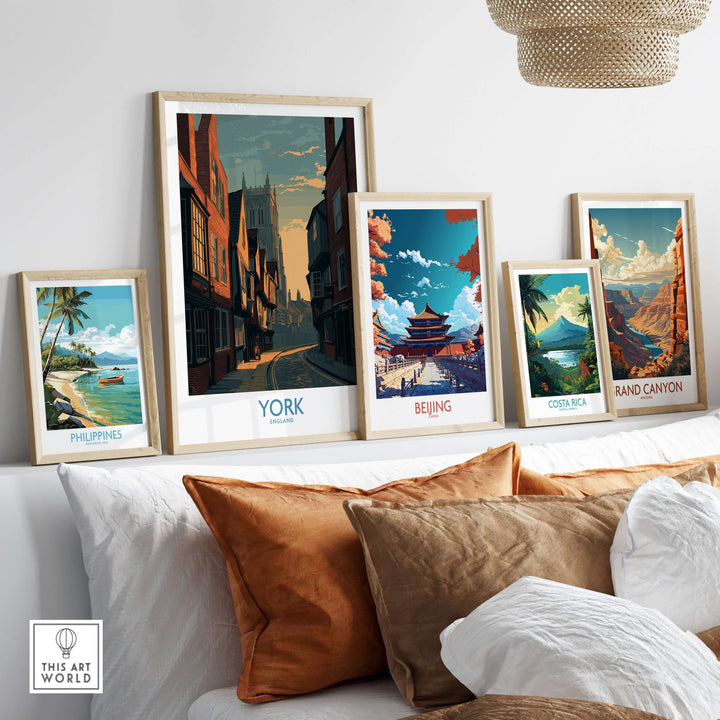 Gallery of framed travel wall art featuring York, Beijing, Costa Rica, and the Philippines.