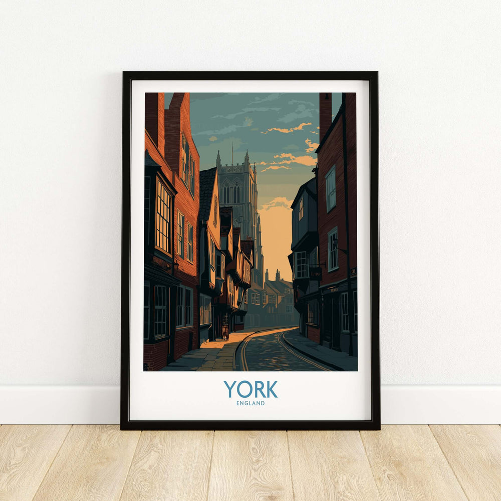 Framed wall art of York's historic Minster Lane showcasing classic English architecture.