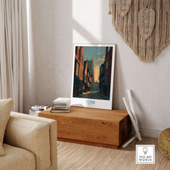 York England Minster Lane Wall Art - Classic English Architecture Decor showcased in a stylish living room setting.