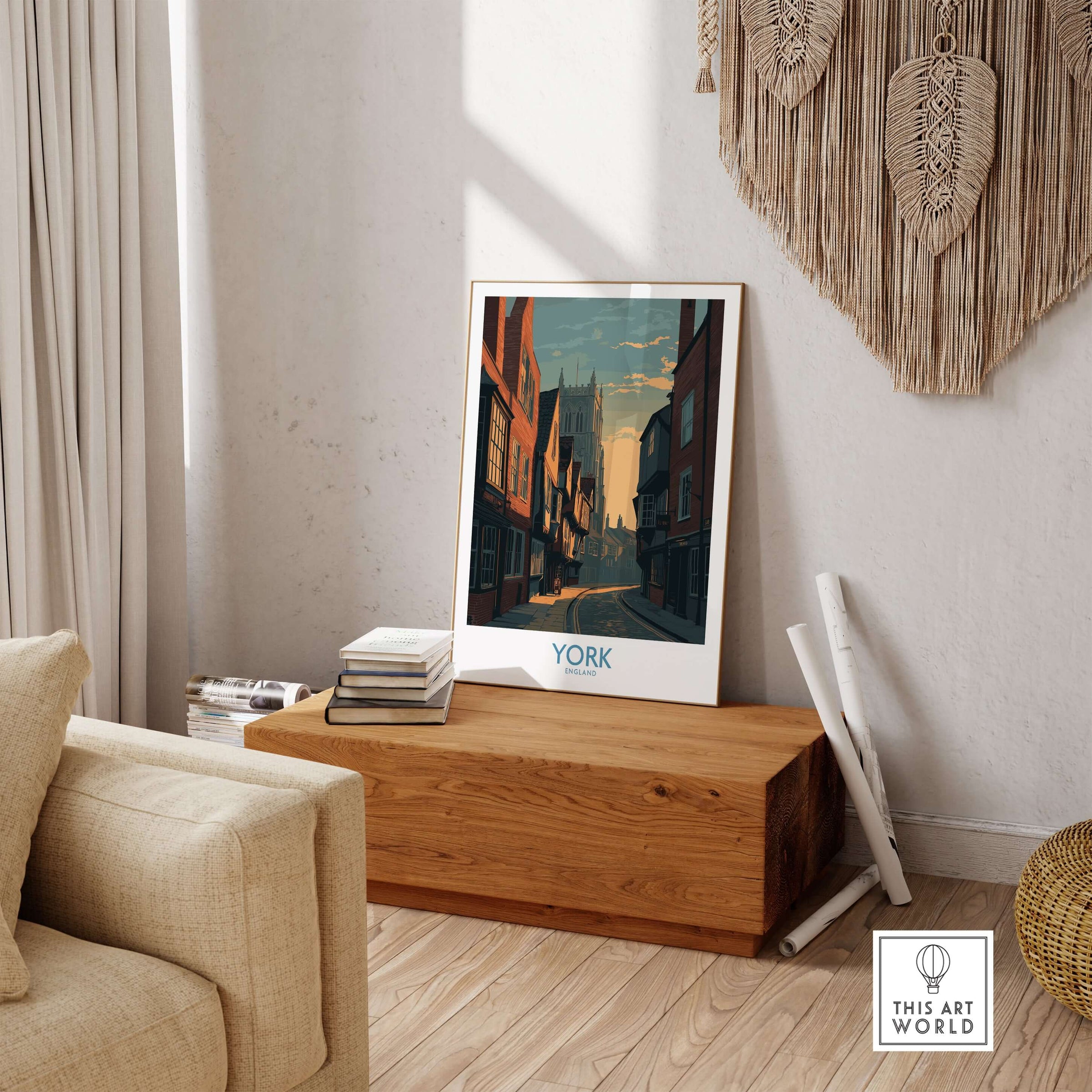 York England Minster Lane Wall Art - Classic English Architecture Decor showcased in a stylish living room setting.