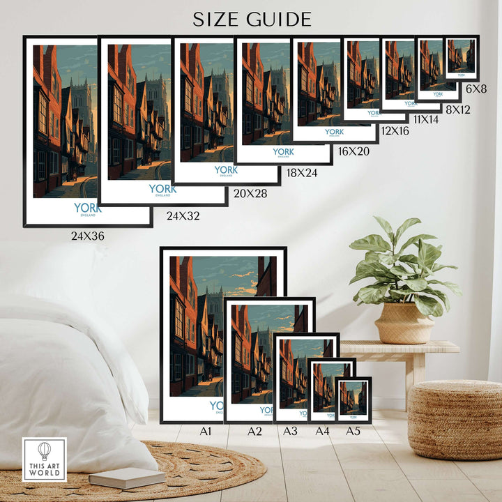 Size guide for York England Minster Lane Wall Art showcasing various frame sizes and classic architecture decor.