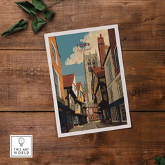York England Minster View from Shambles Poster - Iconic Cathedral Art Print on wooden surface.