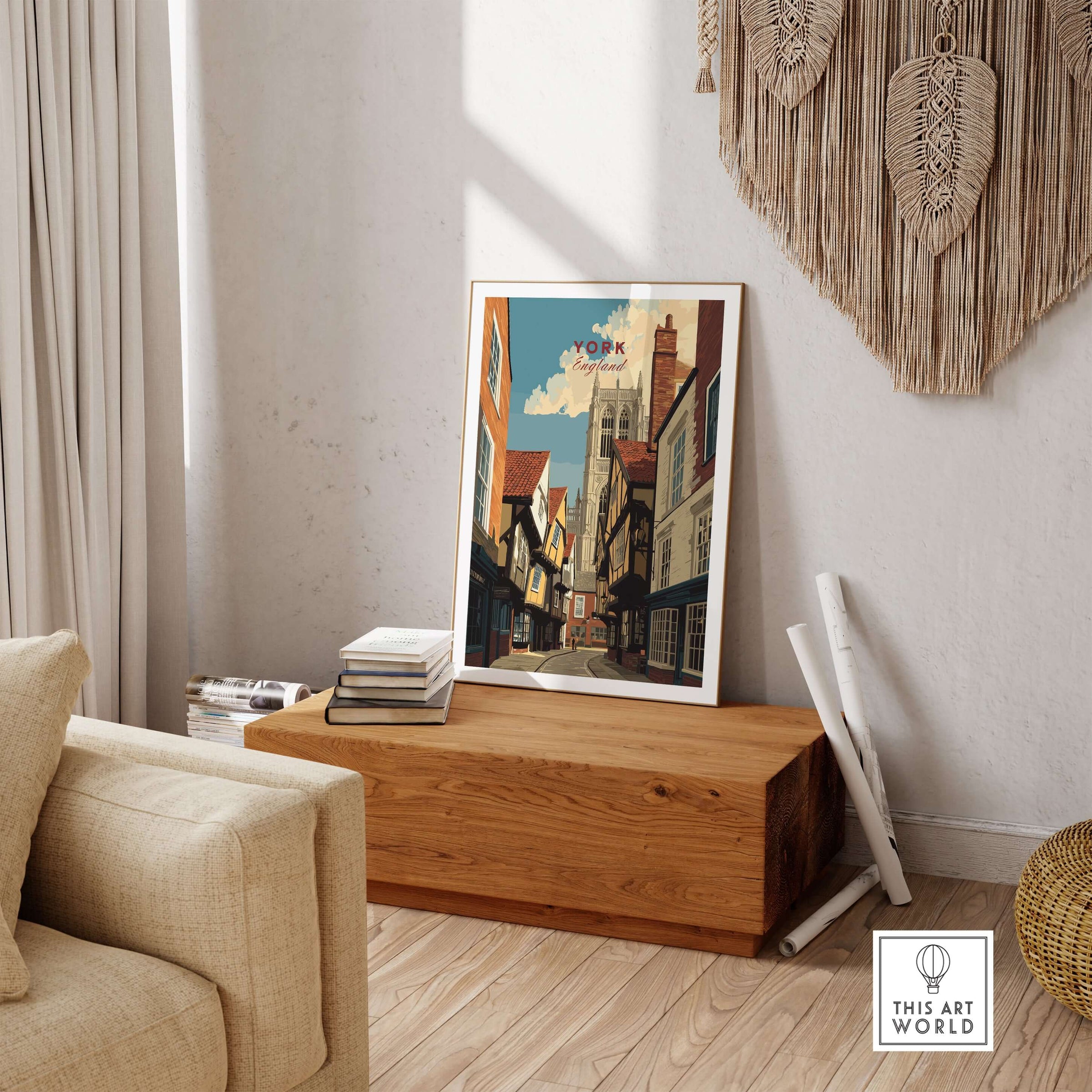 York England Minster View from Shambles Poster - Iconic Cathedral Art Print displayed in a stylish interior setting.