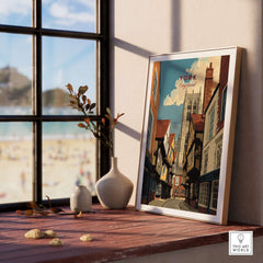 York England Minster View from Shambles Poster - Iconic Cathedral Art Print displayed in a cozy interior setting.