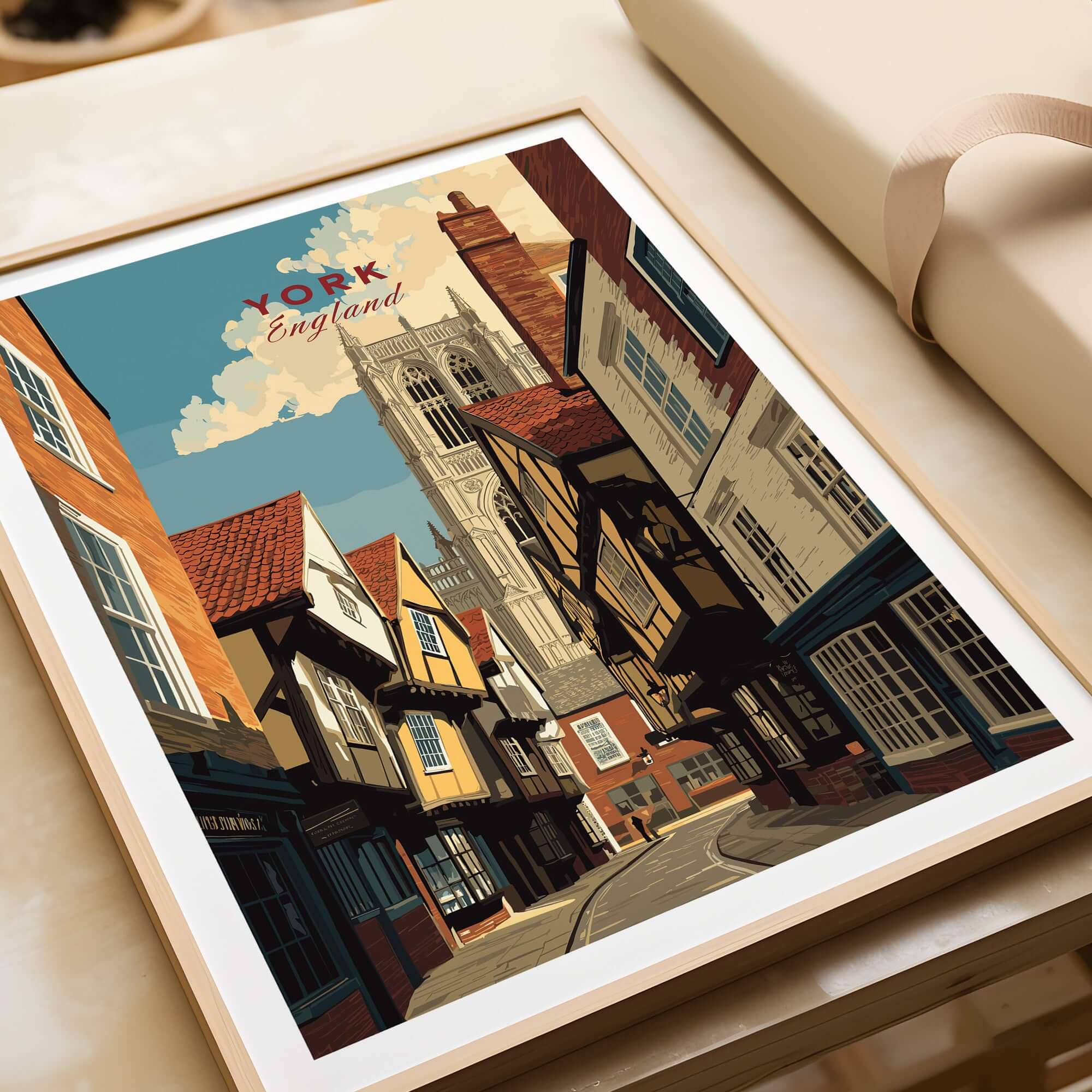 York England Minster View from Shambles Poster - Iconic Cathedral Art Print displayed in a stylish frame.