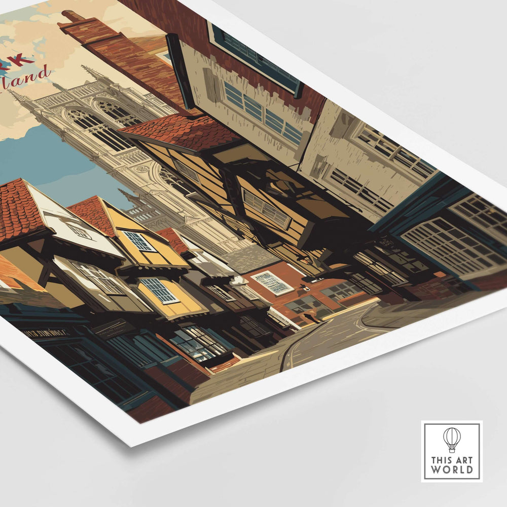 York Minster view from Shambles poster featuring historic architecture and vibrant colors.